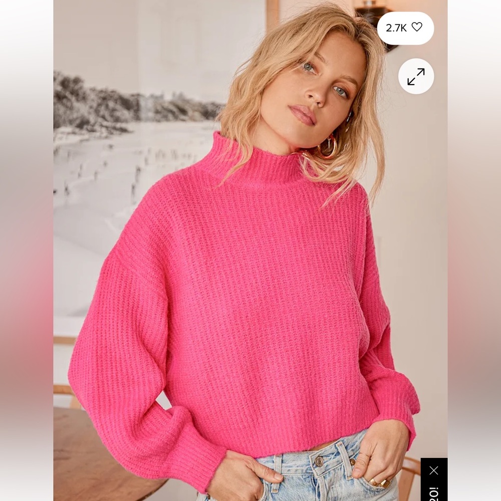 Lulus women’s Bright and Cheery Hot Pink Knit Mock Neck Balloon Sleeve Sweater